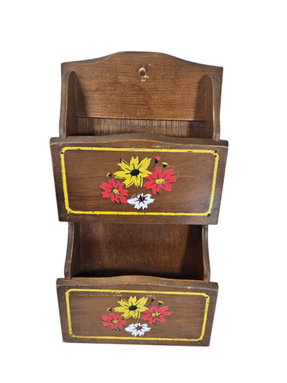 Vintage Hand-Painted Floral Wooden Wall Pocket Mail Sorter Country Farmhouse